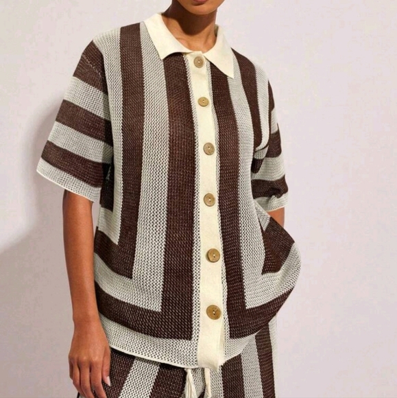 Women Casual Striped Single-Breasted Short Sleeve Loose Knit